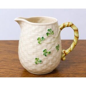 Belleek Ireland Shamrock Cream Pitcher Basketweave Creamer Irish Clover Milk Jug